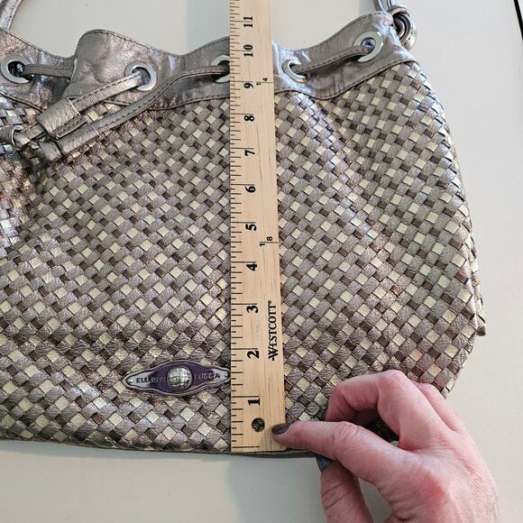 Elliott Lucca Silver Metallic Leather Woven Drawstring Bucket Purse - Picture 8 of 9